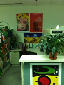 Green glow courtesy of the overhead fluorescent lights, another charming feature in my cubicle away from home.