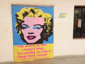 Marilyn sets the tone at the door. Oh, the wonders of butcher paper and stick glue.